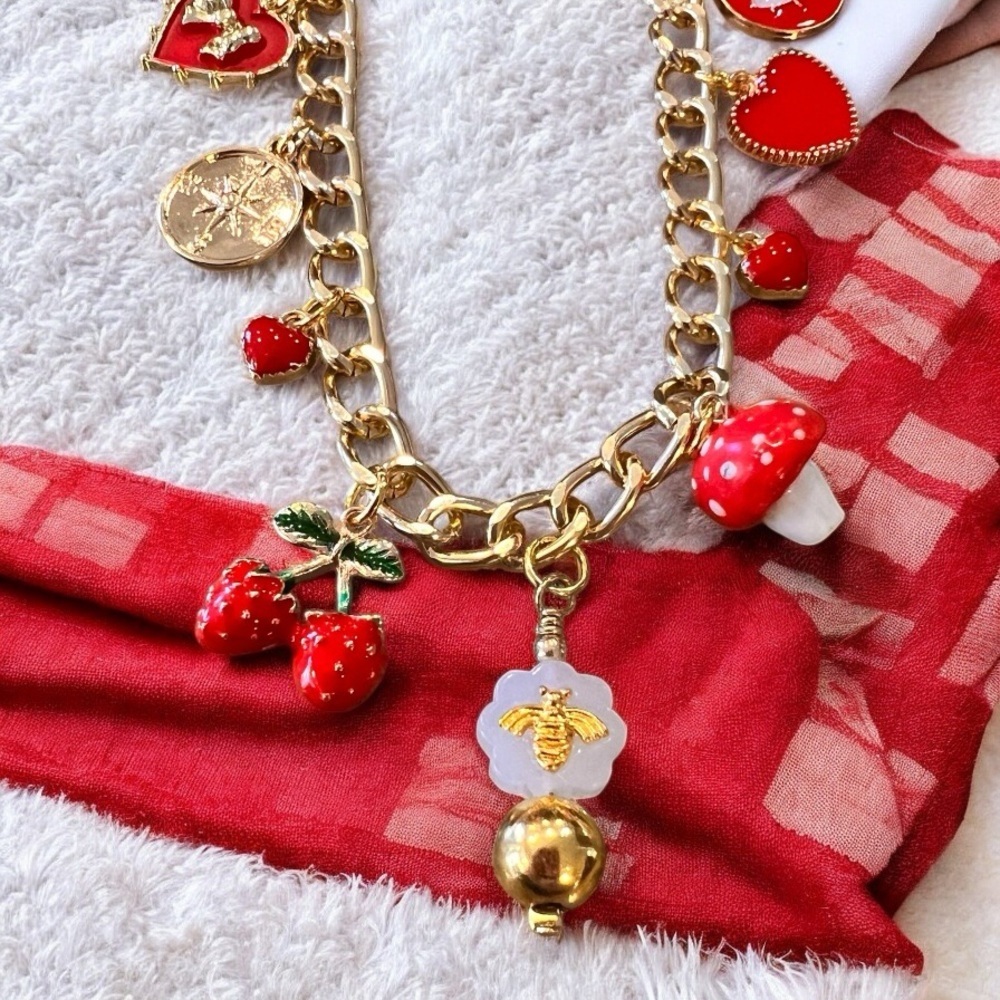 Gold Toned and Red Charm Necklace Enamel Glass Ceramic Crystal 20” - Picture 14 of 17